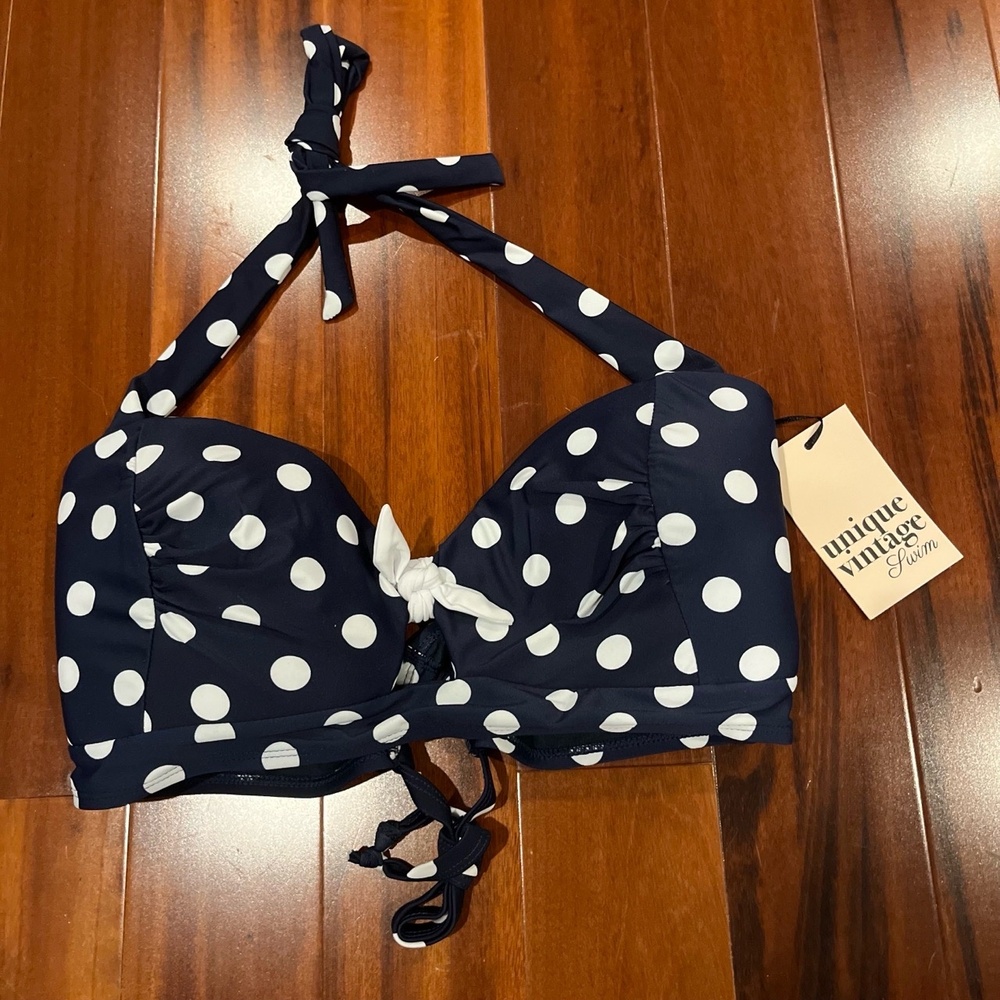 Navy White Bikini Top Polka Dot Bow Halter Unique Vintage Retro Sailor New Sz XL